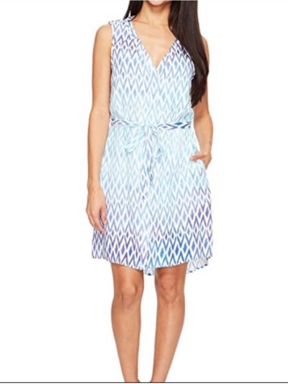 Hatley Sleeveless V Split Neck Belted Shirtdress L Purple Blue White Knee Length